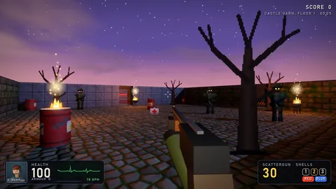 First-person view across a moonlit cobblestone courtyard under a purple dusk sky: burning braziers and barrels, bare trees and armed guards, the scattergun in hand.