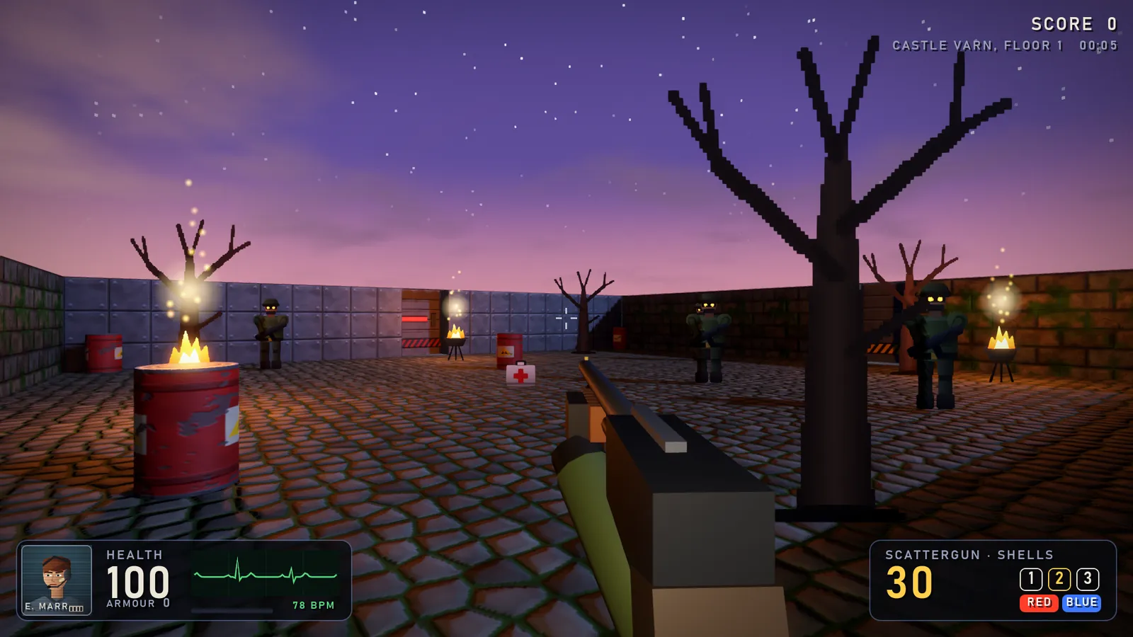 First-person view across a moonlit cobblestone courtyard under a purple dusk sky: burning braziers and barrels, bare trees and armed guards, the scattergun in hand.
