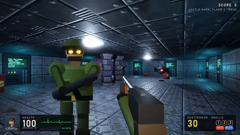 A green-uniformed guard with glowing goggles up close in the teal-lit core room, a drone and consoles behind him, the scattergun raised.