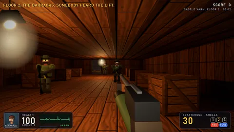 The wooden barracks on Floor 2: guards between stacked crates under a hanging lamp, with the floor intro line across the top of the screen.