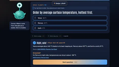 An order question, hottest first: Venus 464 degrees, Mercury 167, Earth 15. The answer card says 'Right, solo!' with the points, the reason, the source NASA's Planetary Fact Sheet and a 'Did you know?' fact about Mercury.
