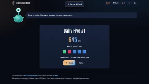 The Daily Five result: 645 points, 4 of 5 right, 3 solo, a row of coloured squares, a day streak of 1 and Share and Home buttons, with Glim saying 'Humans love squares.'