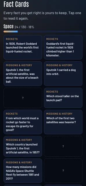 The Fact Cards collection on a phone: Space 24 of 130, with cards about Goddard's first liquid-fuelled rocket and Sputnik 1, and blank cards still to find.