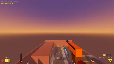 Hovering high above the rooftops on the jetpack, the street and its shops far below and the jet gauge nearly empty against an orange sunset haze.