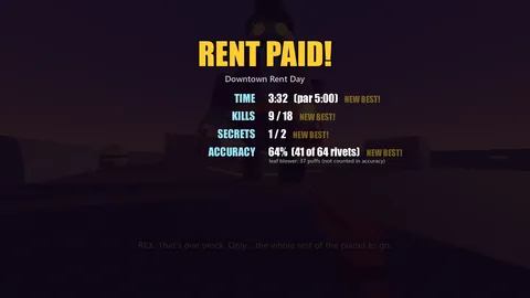 The end-of-level tally for Downtown Rent Day: Rent paid! with time against par, kills, secrets and rivet accuracy, each marked NEW BEST.
