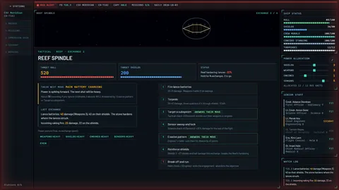Standing Orders combat screen. A Reef Spindle, a crystalline enemy ship, sits in the forward viewer. Below it, target hull and shield bars, a yellow 'Their next move: Main battery charging' warning, the last exchange's damage report, and a list of seven numbered orders, two of them marked 'Answers their move'. The right column shows the ship's hull, shields, power sliders and senior staff.