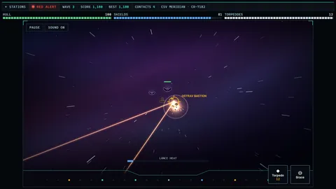 Tactical mode, a first-person view through the main viewer. Two lance beams converge on an exploding Ostrav Bastion inside the targeting reticle while other enemy ships approach; a lance heat gauge and torpedo and brace buttons sit at the bottom.