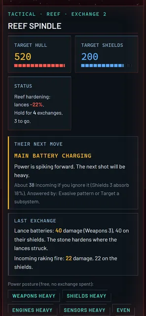 Combat on a phone: the Reef Spindle's hull and shields, its status, and a highlighted panel reading 'Their next move: Main battery charging', followed by the last exchange report and power posture buttons.