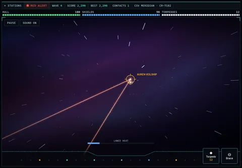 Tactical mode on a landscape tablet. Two lance beams meet on an Auren Veilship, labelled in the targeting reticle, against a purple nebula, with the lance heat gauge below.