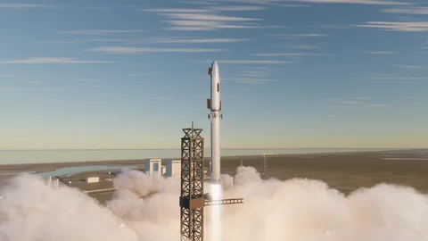 The silver Longbow rocket climbing past its launch tower out of a billowing cloud of exhaust, with the spaceport buildings and the coast behind it under a blue sky.