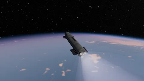The upper stage firing its engines high above Earth, the curved blue horizon and scattered clouds below and a star field above.