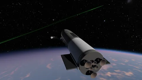 The Longbow ship in Earth orbit with a green laser beam crossing the frame toward a small drone, the planet and its atmosphere glowing below.