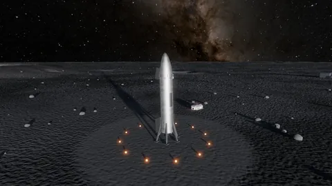 The Longbow ship standing on its landing legs on the grey lunar surface, ringed by orange pad lights, with a small habitat nearby and the Milky Way overhead.