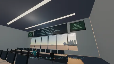 First-person view inside the mission control room: rows of consoles, a big board reading Next: Flight 1, To Orbit, a weather screen, and the launch pad through the window.