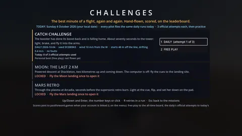 The Challenges menu: the Catch Challenge daily run with its wind and seed, plus Moon: The Last 2 km and Mars Retro, each scored on a leaderboard.