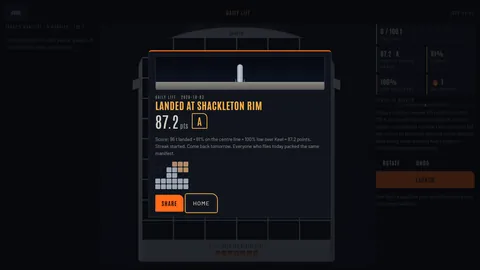 The Daily Lift result card: Hearth standing on the lunar surface, 'Landed at Shackleton Rim', 87.2 points and grade A, the scoring formula, an emoji-style grid of the packed bay, and Share and Home buttons.
