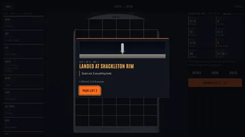 A landing card over the dimmed Colony Run screen: the rocket settling onto grey lunar ground with its engine still lit, 'Landed at Shackleton Rim', 'Quiet sol. Everything held.' and a Pack Lift 2 button.