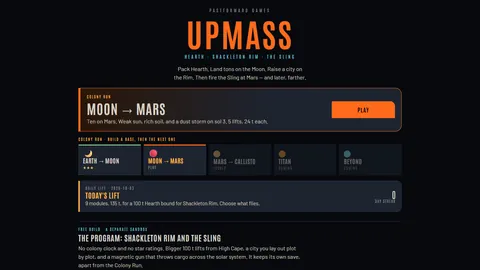 The UpMass home page: the Colony Run card offering Moon to Mars, a row of legs showing Earth to Moon cleared with three stars, Moon to Mars open, and Callisto, Titan and Beyond still to come, plus the Daily Lift card.