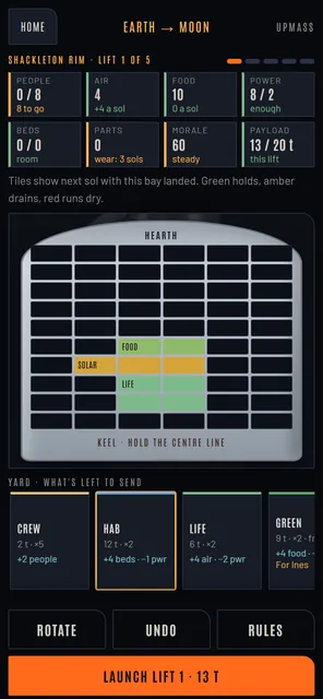 The Colony Run on a phone: people, air, food, power, beds, parts, morale and payload tiles above the cargo bay, with Food, Solar and Life loaded and a scrolling yard of modules below.